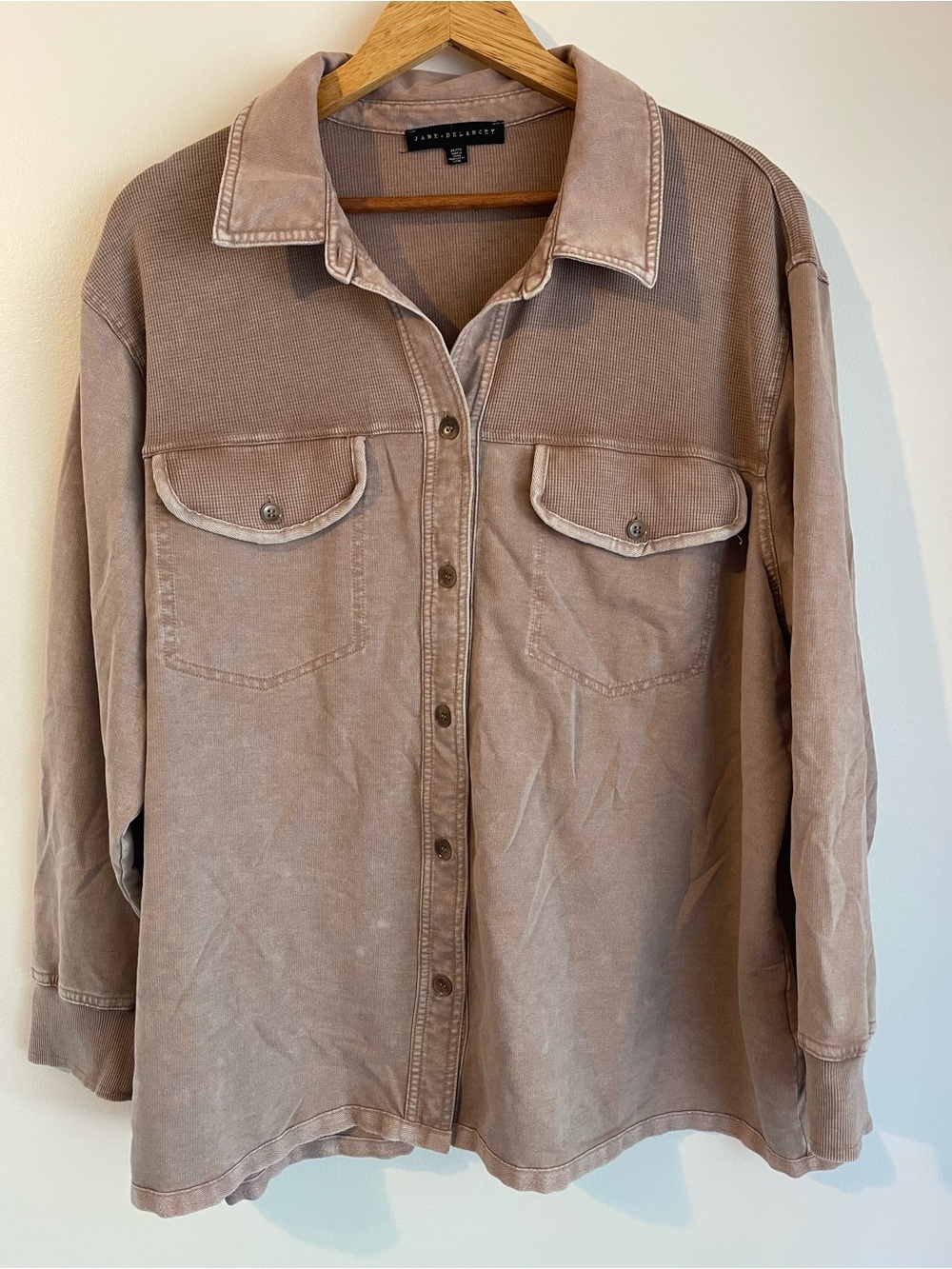 Jane + Delancey Taupe Acid Wash Ribbed Knit Button Down Shacket Shirt Jacket 2X
